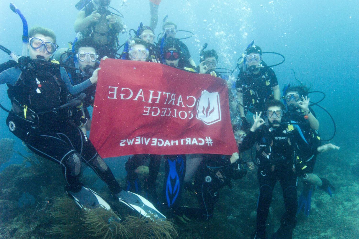 学生们手持<a href='http://vyh.techgyaani.com'>bv伟德ios下载</a>旗帜，在j学期洪都拉斯游学之旅中潜水.